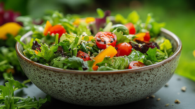 Fresh salad with vegetables in a ceramic bowl in natural light