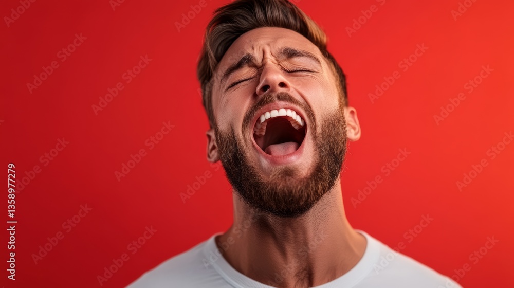 Poster man with a beard is laughing and his mouth is open. the image has a lighthearted and humorous mood