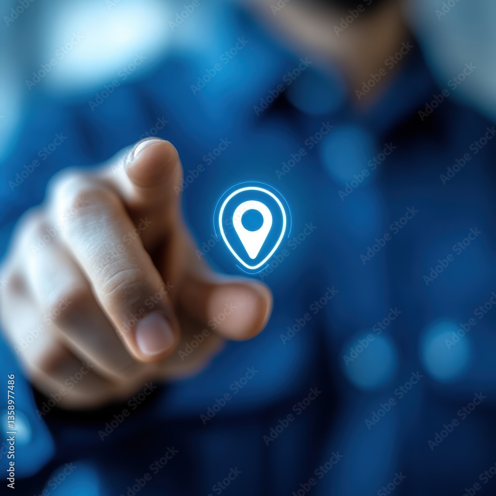 Poster location pointer interaction: a person's fingertip gently touches a digital location pointer icon, s