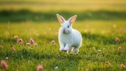 White rabbit jumping through green grass, clover flowers, meadow during golden hour. Symbolizes springtime, happiness, freedom, natural beauty.