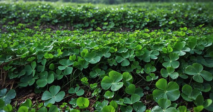 A fresh green clover patch at a low elevation. The vibrant emerald grass carpet features a plant with a three-leaf shape. The outdoor pasture greenery represents good fortune.
