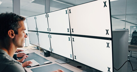 Man, screen or space on monitor in control room for trading, finance or stock market prices. Closeup, tracking markers or trader typing on computer with desktop, mockup or technology in data center