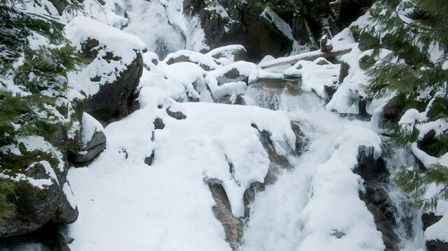 Deception Falls Snowy Waterfall in Washington State