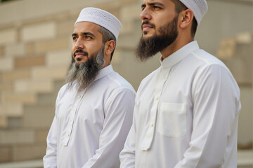 Two men wearing traditional attire standing confidently outdoors  