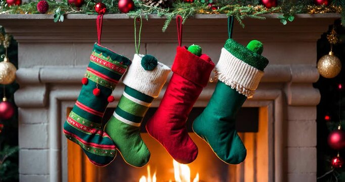 Christmas stocking in front of fireplace backdrop