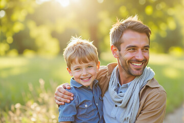 Fototapeta premium Happy father holding son in sunny outdoor park 
