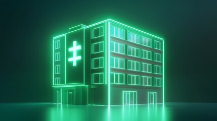 Glowing neon hospital building icon in white and green with illuminated windows on dark background

