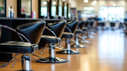 A well lit salon interior with rows of chairs and mirrors