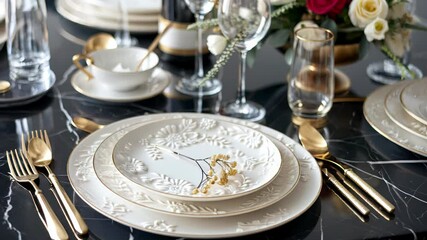 Elegant dining table setting with gold cutlery and floral centerpiece on black marble - Powered by Adobe