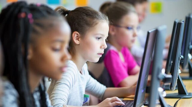 Smiling african female child engaged in classroom learning with peers International Girls In ICT Day