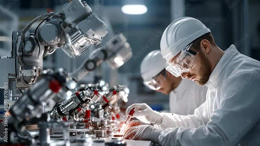 Poster precision in automation: a close-up shot reveals two engineers working diligently with robotic arms 