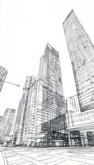 Realistic hand drawn illustration of modern urban architecture skyline in contemporary style