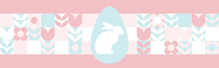 Seamless background with flowers for the spring holiday of Easter with a texture of circles and squares. Wallpaper mosaic with geometric shapes, pastel background with eggs and hares.