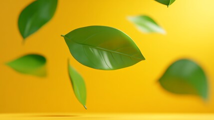 Leaf is flying through the air, surrounded by other leaves. Concept of freedom and movement, as the leaves seem to be dancing in the wind. The bright yellow background adds a sense of warmth