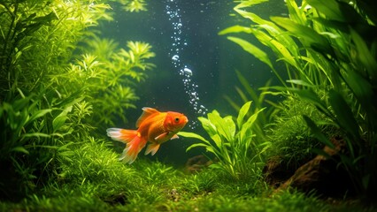 Goldfish swims in lush aquarium. Underwater habitat features bubbles and aquatic plants. Serene scene evokes tranquility, nature, and pet care.