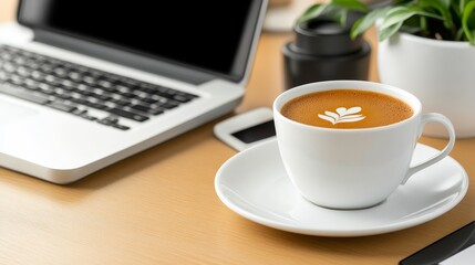 Coffee and Laptop on Desk