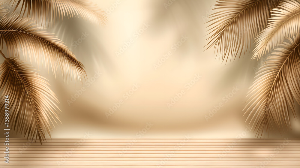 Poster 
Blurred shadow from palm leaves on the light beige wall. Minimal abstract background for product presentation. Spring and summer.