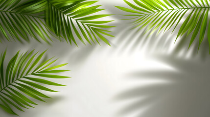 
Blurred shadow from palm leaves on the light beige wall. Minimal abstract background for product presentation. Spring and summer.