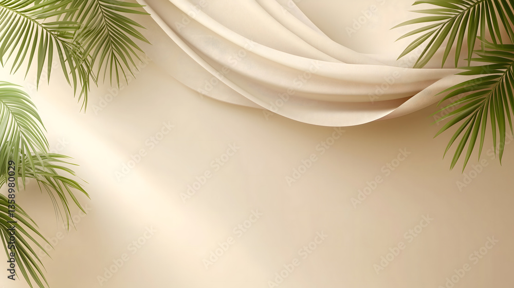 Poster blurred shadow from palm leaves on the light beige wall. minimal abstract background for product pre