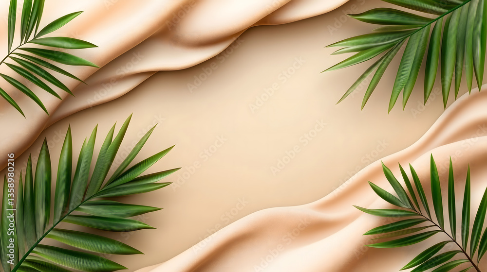 Poster blurred shadow from palm leaves on the light beige wall. minimal abstract background for product pre