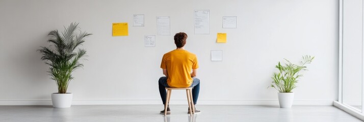 Freelancer organizing tasks on a whiteboard in a minimalist office
