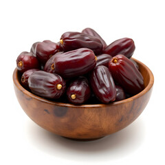 Obraz premium Isolated Fresh Organic Dates in wooden bowl isolated on White Background – Healthy Snack, Natural Sweetness, and Nutrient-Rich Superfood Concept