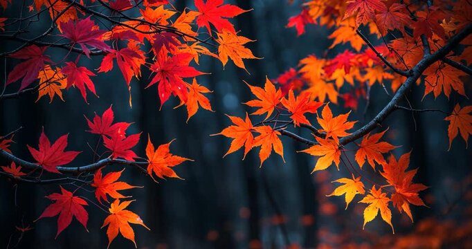 Burning red maple leaves and branches, transforming from an enchanting crimson to a golden shade, set against a black background.