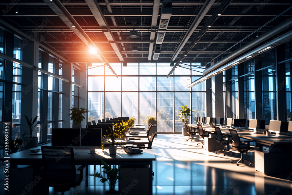 Poster bright modern office bathed in sunlight streams through large windows illuminating rows of desks and
