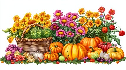 Obraz premium Decorative fall flowers with pumpkins arranged on wooden surface representing seasonal harvest gardening composition with rustic autumn floral arrangement and countryside charm
