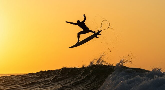 Man silhouette surfing with surfboard over wave at sunset. Extreme water sports for active lifestyle, vacation concept, adventure travel and freedom inspiration.
