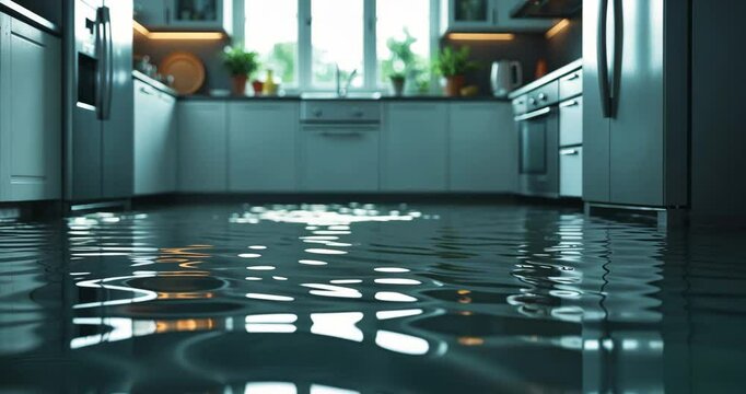 Close-up image of a flooded kitchen floor due to a leak.