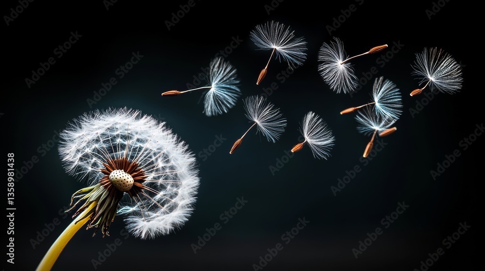 Poster close up of a dandelion with a few of its seeds floating in the air. concept of freedom and the flee