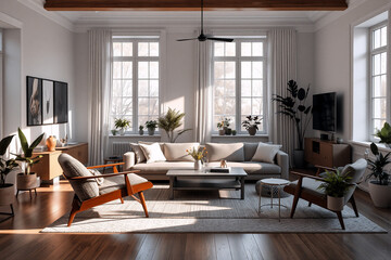Bright, naturally lit living room with neutral tones. Modern furniture, indoor plants, and wooden accents create a cozy and stylish home interior.