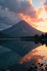 Fototapeta premium Volcanic mountain casting shadows on serene lake during sunrise, landscape, mountain