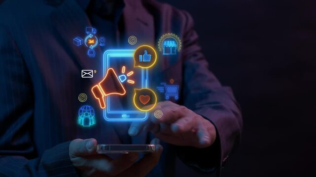 Digital marketing concept, promotion of brands and products using digital channels like the internet, social media, email to connect with potential customers. Mobile marketing icon on virtual screen.