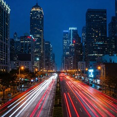 Fototapeta premium City skyline at dusk with light trails from traffic. Urban scene with skyscrapers and dynamic movement. Captures the energy of city life.