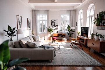 Bright and airy living room with minimalist decor featuring plants, wooden furniture, and natural light. Cozy and spacious interior.