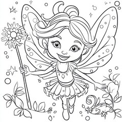 Enchanting Fairy with Floral Wand: A whimsical line art illustration of a captivating fairy, exuding joy as she gently levitates.