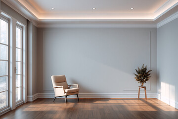 Bright, empty room with minimalist design. Beige chair and potted plant on wooden floor by large window. Ceiling lights illuminate the neutral space.