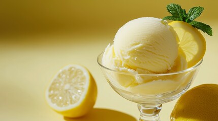 Scoop of refreshing lemon sorbet in a clear glass bowl, elegantly garnished with a thin lemon slice and a fresh mint leaf, set against a light yellow background