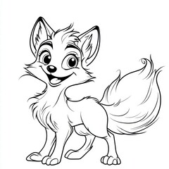 Playful Fox Illustration: An adorable cartoon fox, rendered in a charming black and white style, exudes joy with a playful grin. Perfect for children's books and coloring pages.