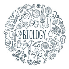 Hand drawn biology doodle elements set. Whimsical line art symbols vector illustrations on white background. Circle composition