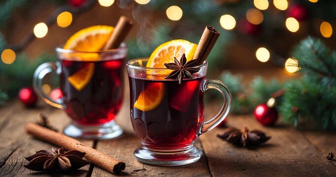 Mulled red wine with spices and fruits for Christmas on a rustic wooden table. Traditional hot beverage.