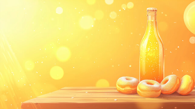 Sima & Munkki Drink Festival Banner showing a sparkling bottle of sima with some sugar-dusted munkki donuts on a wooden table, soft orange to bright yellow color gradient