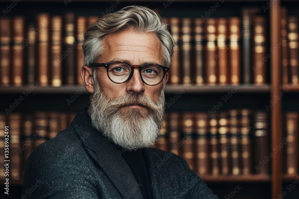 Poster man with a beard and glasses is standing in front of a bookcase