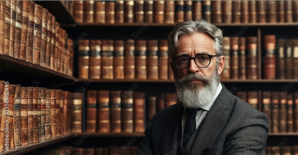 Poster man with a beard and glasses stands in front of a library of books