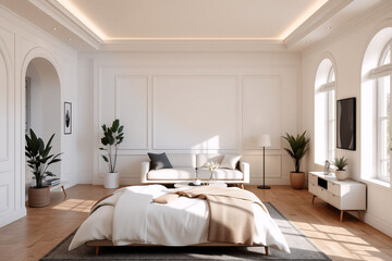 Bright bedroom interior with a bed, sofa, and plants. Minimalist style, white walls, wooden floor, and large arched windows create a serene atmosphere.