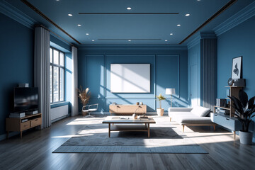 A stylish blue living room features modern furniture, a large window, a TV, and a blank picture frame on the wall, illuminated by natural light.