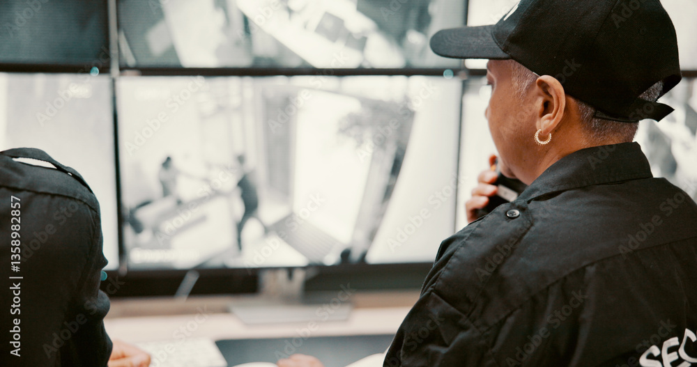 Poster investigation, security and person on computer screen for surveillance, inspection and monitoring. c