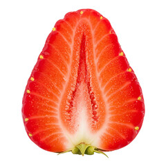 Half strawberry on a black background. Fresh, ripe fruit close-up. Healthy eating and summer treat concept. Food for design, banner, advertisement, website.